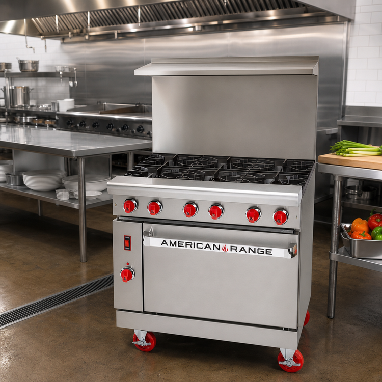 Product image #3 for American Range ARGF-6 36-Inch Green Flame Commercial Gas Range with 6 Open Burners and Standard Oven