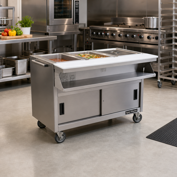 Product image #2 for Spec-Master Mobile Electric Sealed Well Hot Food Table with 2 Wells, Sliding Doors, 240V/3-Phase