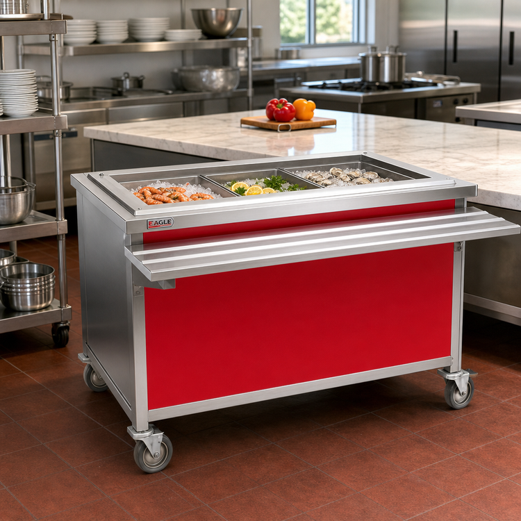Product image #2 for Eagle Director's Choice 50 Inch x 30 Inch Mobile Iced Cold Pan Food Unit, 3-Pan, Stainless Steel Open Base