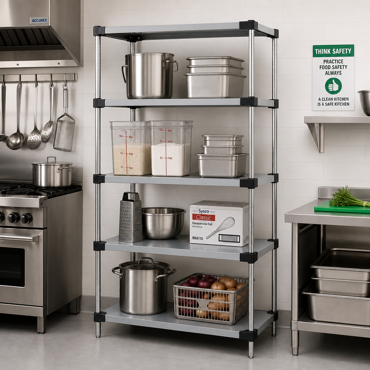 Product image #2 for Quantum Solid Stainless Steel Stationary Shelving Starter Kit with 4 Shelves and 4 Posts, 24W x 21D x 86H
