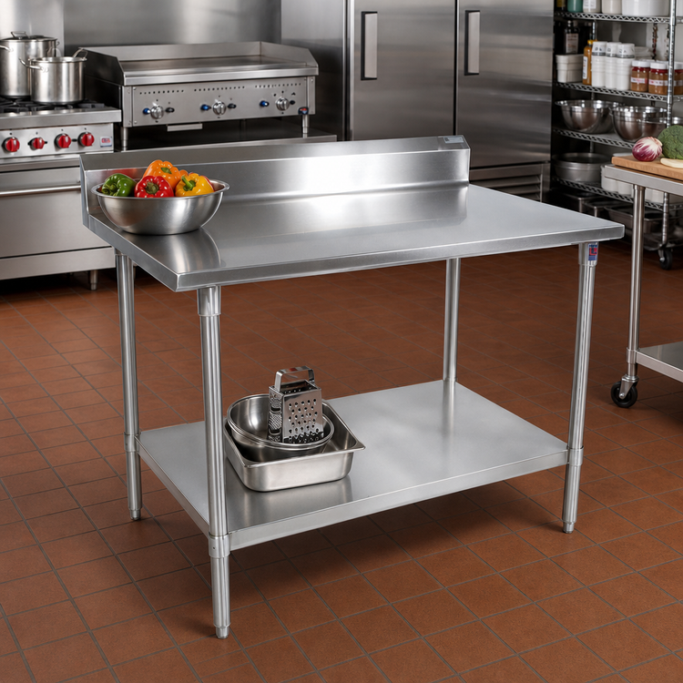 Product image #2 for John Boos Stallion Stainless Steel Work Table with 5-Inch Backsplash, Safety Edge, and Adjustable Undershelf, 60 x 24 Inches