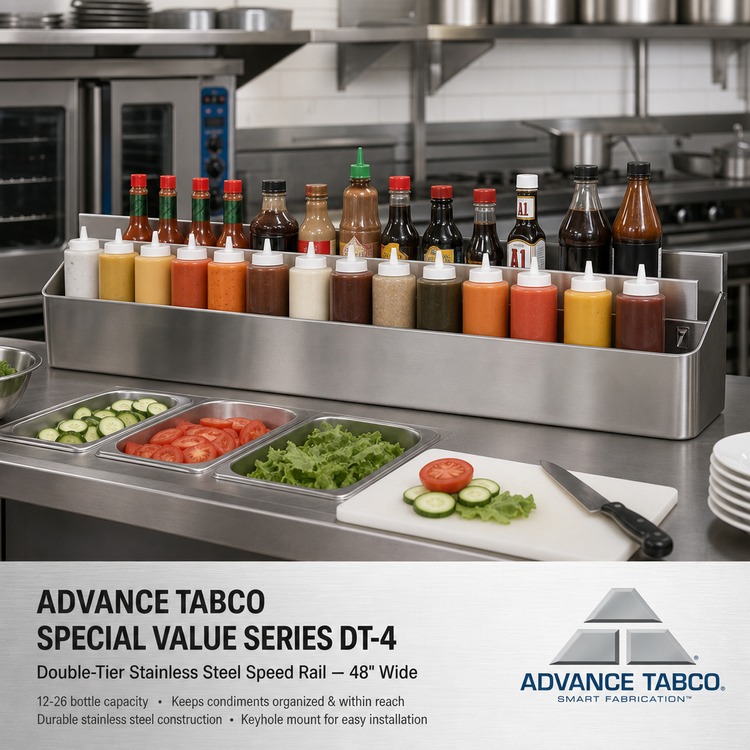 Product image #2 for Advance Tabco Special Value Series DT-4 Double-Tier Stainless Steel Speed Rail — 48 Inches Wide, 24-26 Bottle Capacity, Keyhole Mount