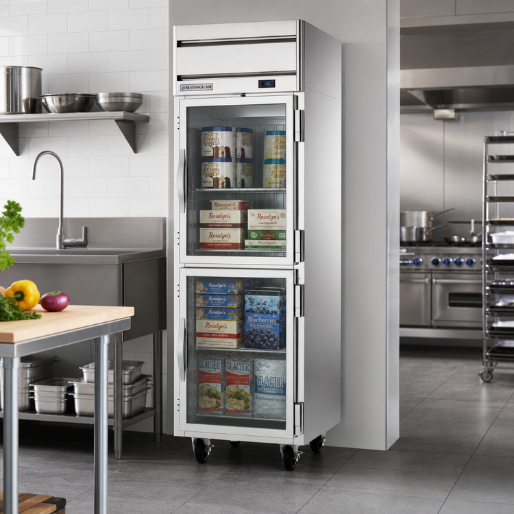 Product image #2 for Beverage-Air Horizon Series 1-Section Top-Mount Reach-In Freezer with 2 Right-Hand Hinged Half Glass Doors