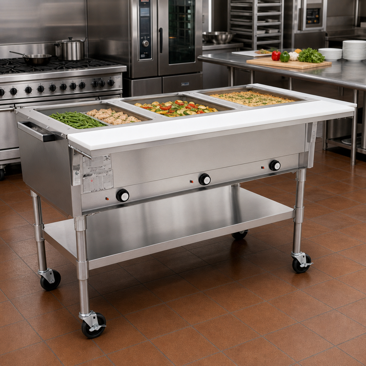 Product image #2 for Portable Electric Hot Food Table with 4 Dry Wells, Open Shelf Base, 66 Inch, 240V, 3-Phase