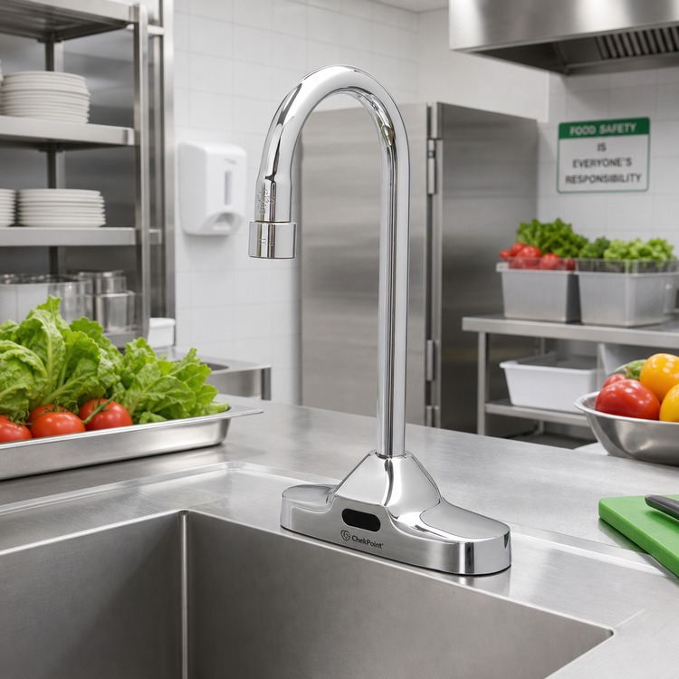 Product image #2 for ChekPoint Electronic Sensor Touchless Deck Mount Faucet with 4-Inch Centers, Rigid Gooseneck Spout and Thermostatic Mixing Valve