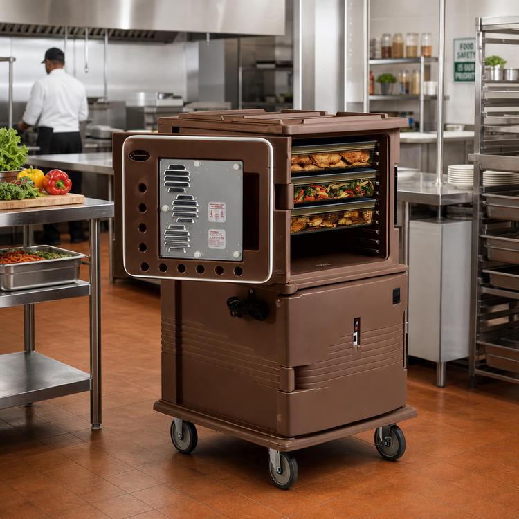 Product image #3 for Cambro Ultra Camcart H-Series Front-Loading Heated Food Pan Carrier with Security Package, 2-Compartment, 110V, Dark Brown