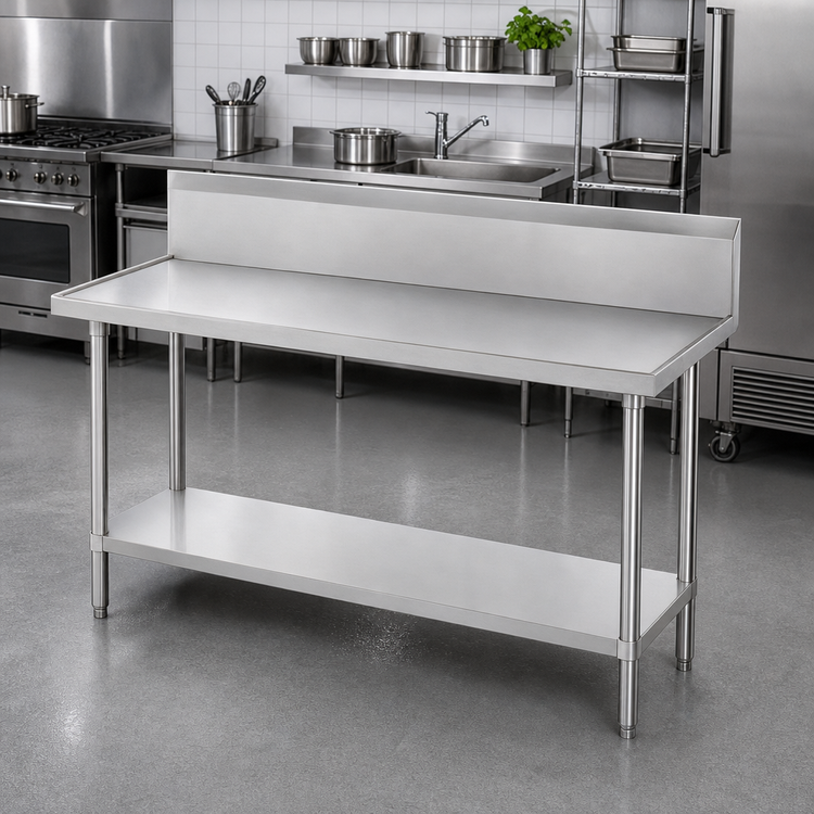 Product image #2 for Advance Tabco 48 Inch x 36 Inch 14-Gauge 304 Stainless Steel Work Table with 10-Inch Backsplash and Undershelf