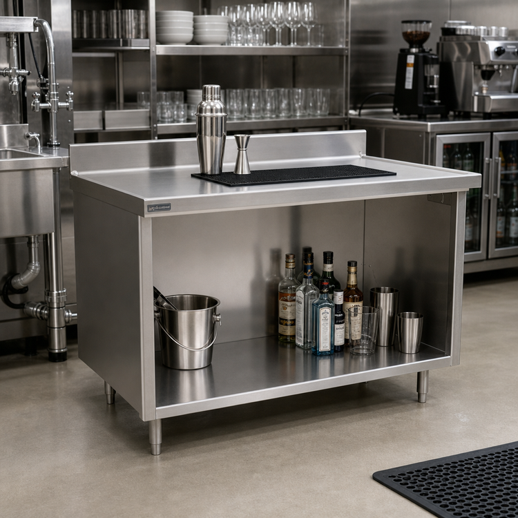 Product image #2 for Spec-Master Marine Series Stainless Steel Underbar Work Table with Open Front Cabinet Base, 48 x 30 Inches, 1-1/2 Inch Rear Up-Turn