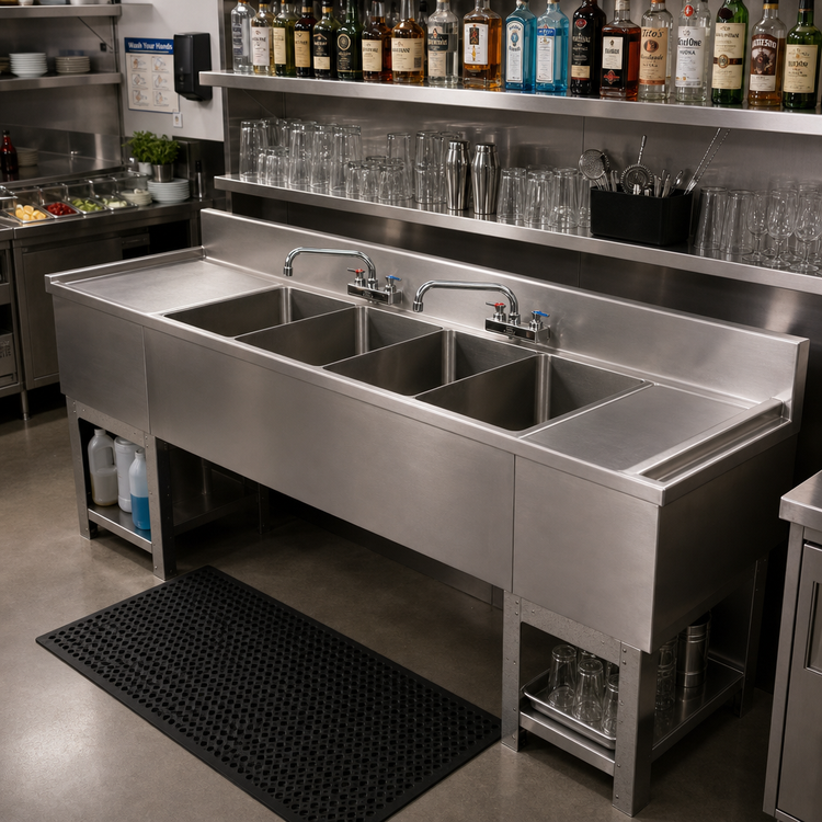 Product image #3 for BK Resources Four-Compartment Underbar Sink with Left and Right Drainboards, 96-Inch Wide, 304 Stainless Steel