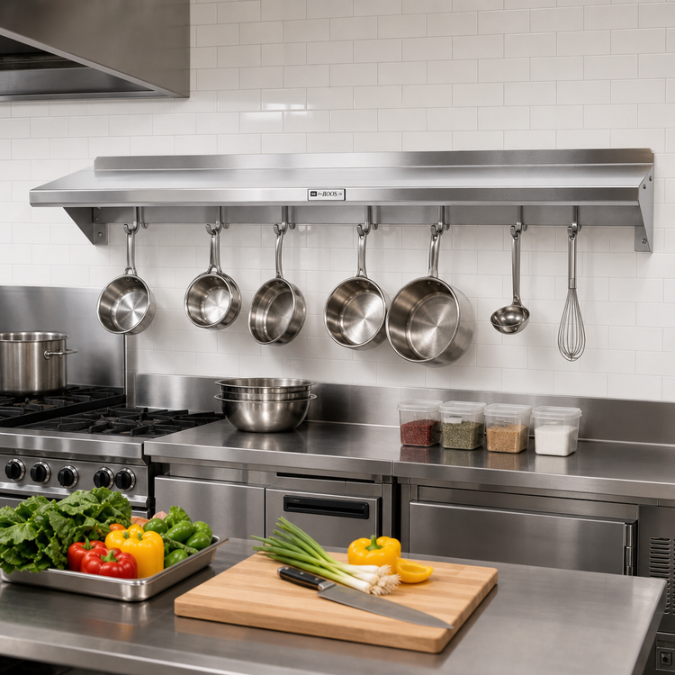 Product image #2 for John Boos Stallion Wall-Mount Stainless Steel Pot Rack Shelf with 8 Hooks, 96 x 16 x 13 Inches