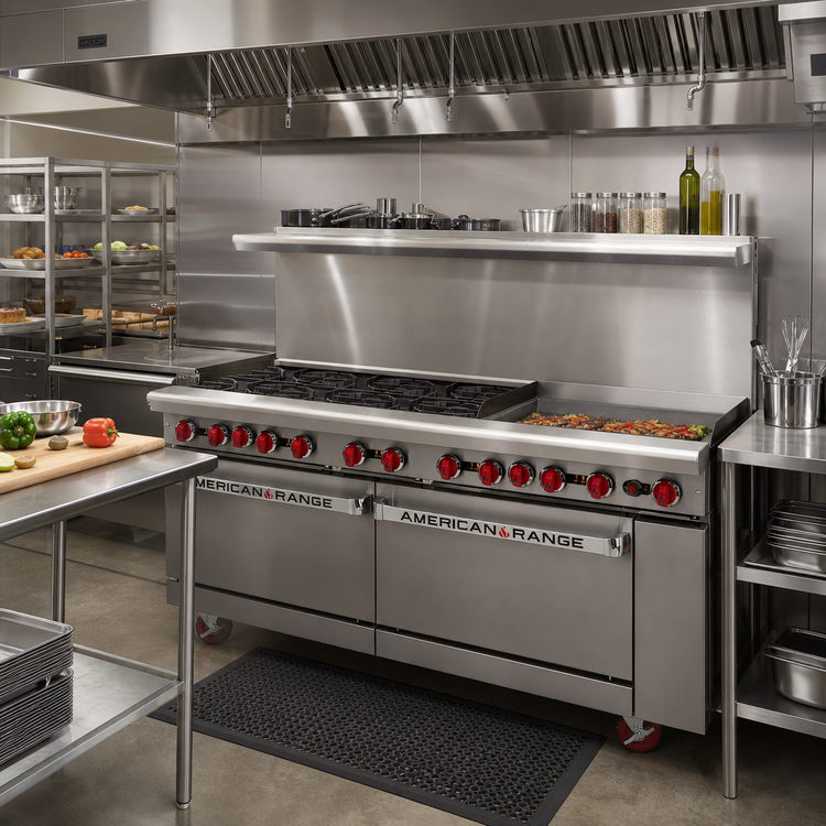 Product image #2 for American Range 60-Inch Gas Restaurant Range with 12-Inch Griddle, 8 Open Burners, Convection Oven, and Standard Oven
