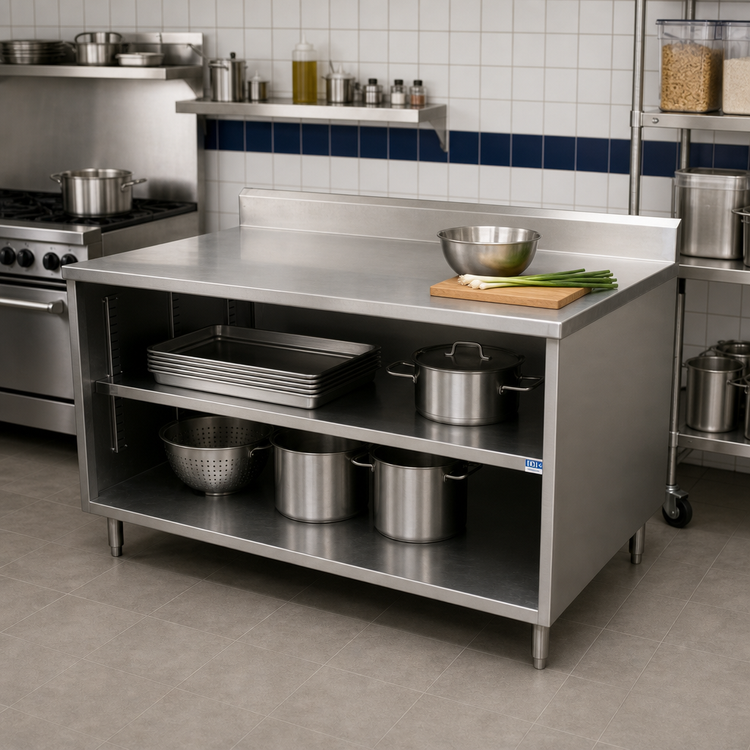 Product image #2 for BK Resources 48 x 30-Inch Stainless Steel Chef Table with Open Front Cabinet Base and 5-Inch Riser