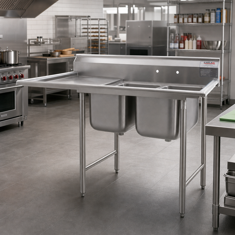 Product image #2 for Eagle Group 414 Series 2-Compartment Stainless Steel Floor Model Sink with Left Drainboard, 66-3/4 Inch W x 31-3/4 Inch D