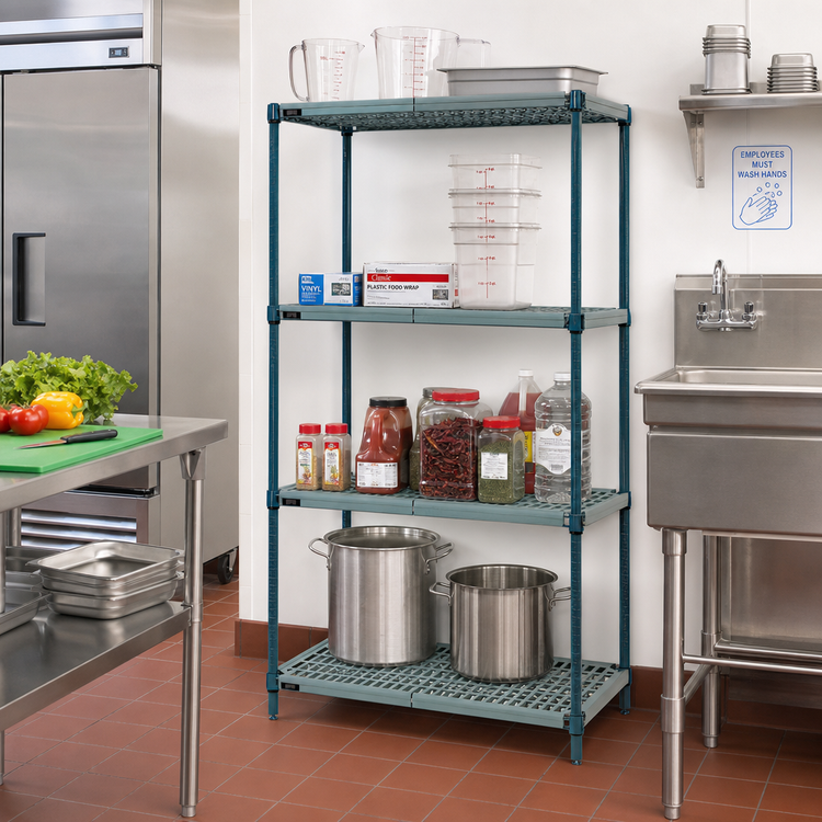 Product image #2 for Quantum 4-Tier Stationary Wire Plastic Mat Shelving Unit, 24W x 21D x 63H, Green Epoxy Antimicrobial Coated
