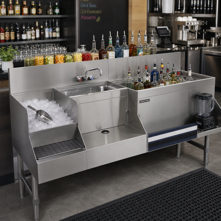 Product image #2 for Advance Tabco Prestige Uni-Serv 48-Inch Stainless Steel Speed Bar with Left Ice Bin, 10-Circuit Cold Plate, Dump Sink, and Blender Recess