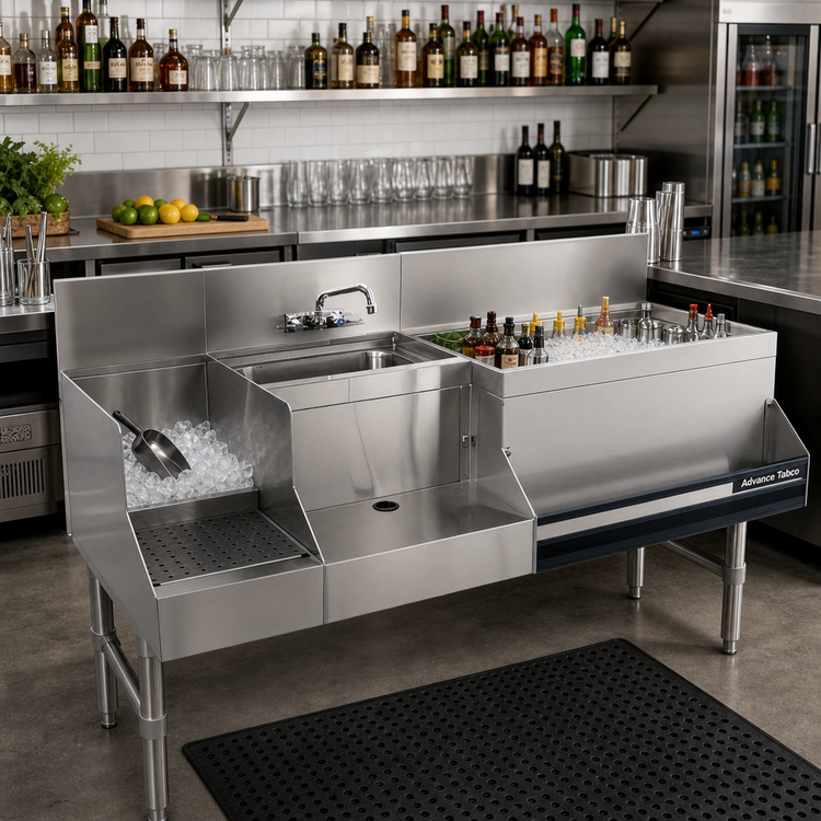 Product image #2 for Advance Tabco Prestige Uni-Serv 48-Inch Stainless Steel Speed Bar with Left Ice Bin, 10-Circuit Cold Plate, Dump Sink, and Blender Recess