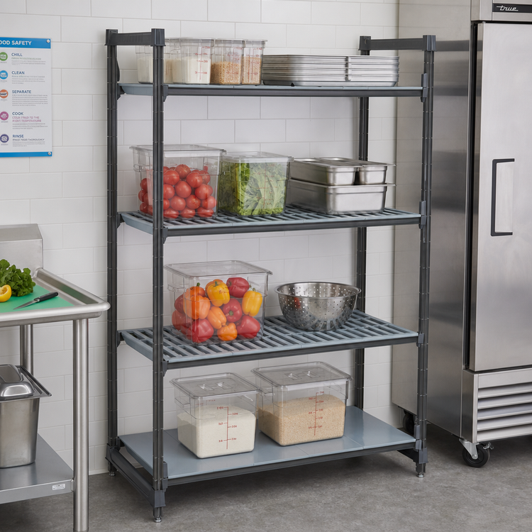 Product image #2 for Cambro Camshelving Basics Plus 4-Tier Stationary Starter Polymer Shelving Unit, 36 Inch Wide x 18 Inch Deep x 72 Inch High, Vented and Solid, Brushed Graphite