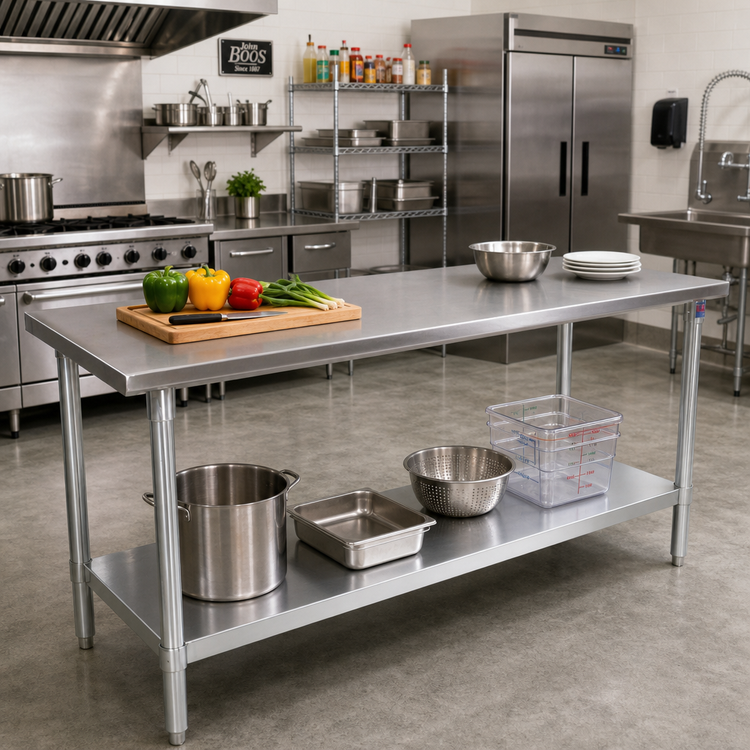 Product image #2 for John Boos Stallion 16-Gauge 300 Series Stainless Steel Flat Top Work Table with Galvanized Legs and Adjustable Undershelf, 108 x 30 Inches