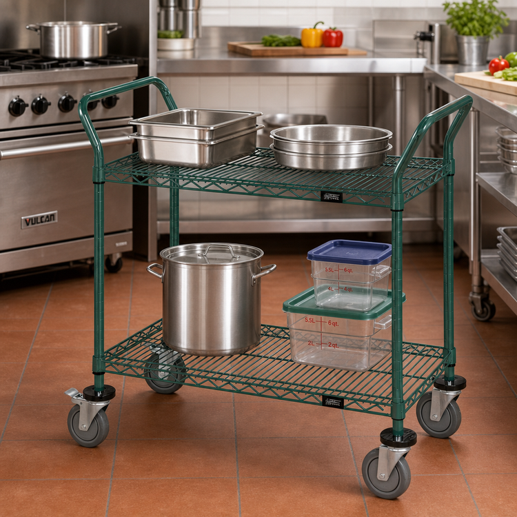Product image #2 for Quantum 42" x 21" 2-Shelf Wire Bus Cart with U-Handles and Swivel Casters