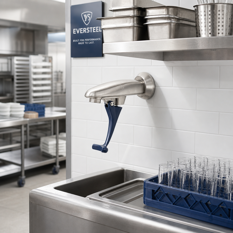 Product image #2 for EverSteel Wall-Mount Stainless Steel Push-Back Glass Filler with Dark Blue Self-Closing Arm