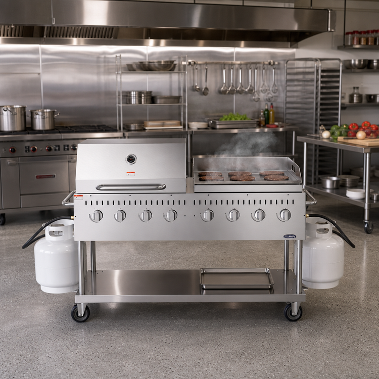 Product image #2 for KoolMore 8-Burner Mobile Commercial Outdoor Grill Charbroiler with 30-Inch Roll Dome Cover, Propane