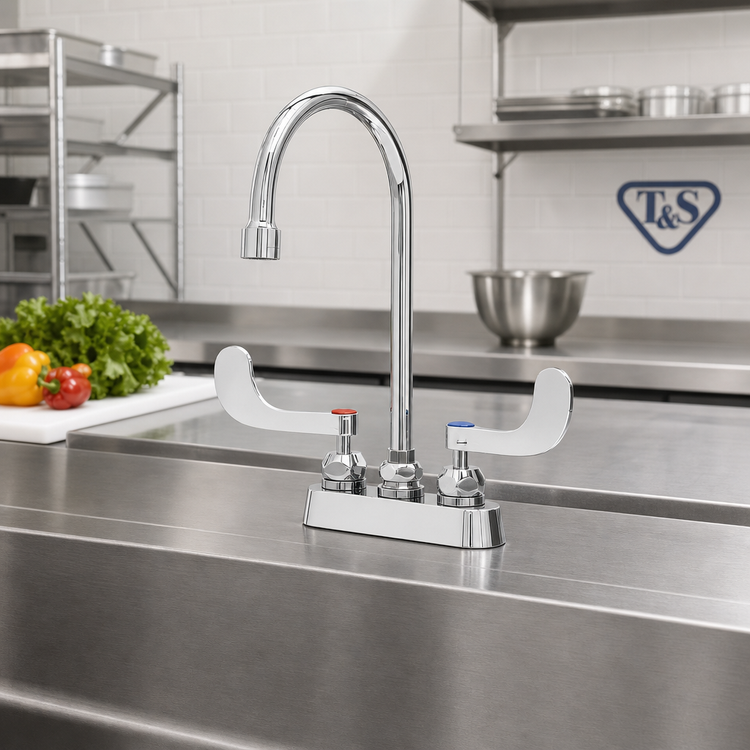 Product image #2 for T&S Brass Workboard Mixing Faucet, Deck Mount, 4-Inch Centers, 5-3/4-Inch Swivel Gooseneck, 0.5 GPM VR Non-Aerated Spray Device