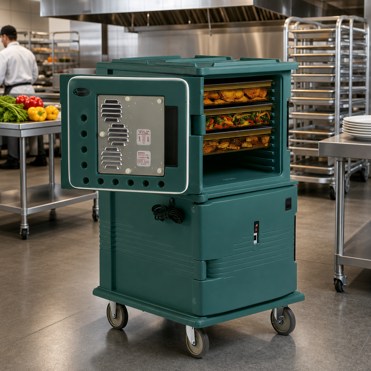 Product image #3 for Cambro Ultra Camcart Heated Front-Loading GN 1/1 Food Pan Carrier, 2-Compartment, 110V, Granite Green