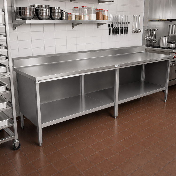 Product image #2 for John Boos 108" x 30" Enclosed Base Open Front Stainless Steel Work Table with 5" Backsplash