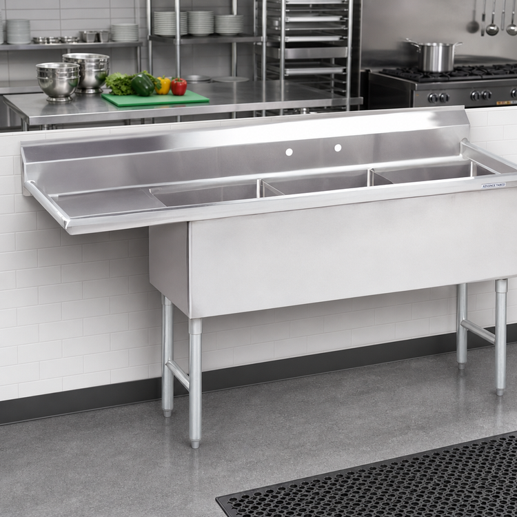 Product image #2 for Advance Tabco Fabricated 3-Compartment Sink with 36-Inch Left Drainboard and 24 x 30 x 14-Inch Bowls