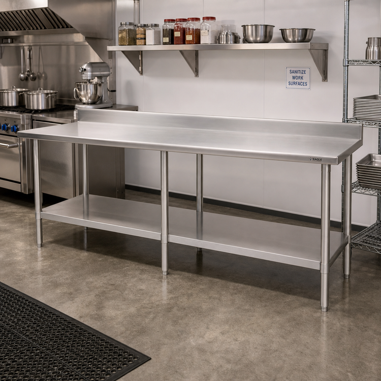 Product image #2 for Eagle Group Budget Series 120-Inch W x 30-Inch D 430 Stainless Steel Work Table with 4-1/2-Inch Backsplash and Undershelf