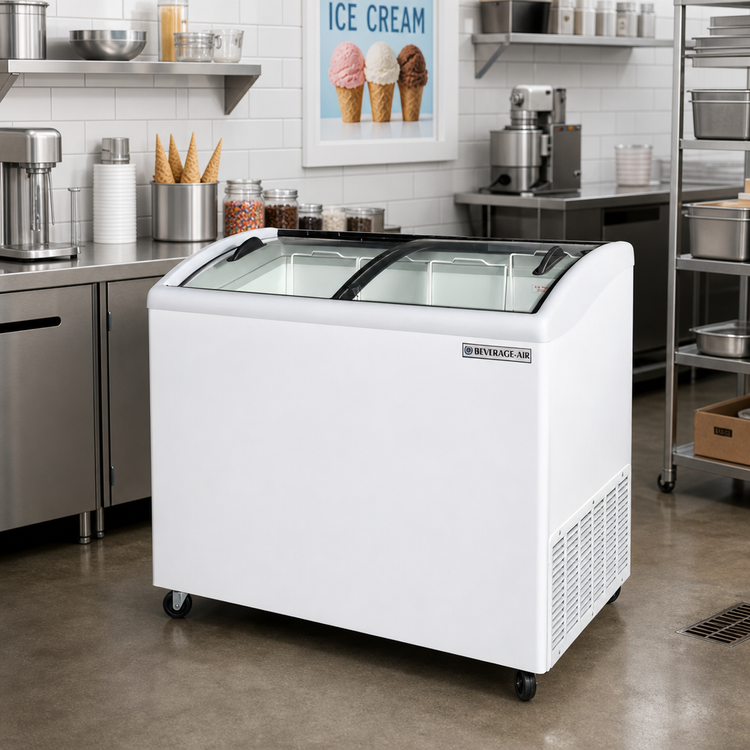 Product image #2 for Beverage Air NC51HC-1-W Angled-Top Novelty Ice Cream Freezer with 2 Removable Glass Lids, 13.19 Cu. Ft., White