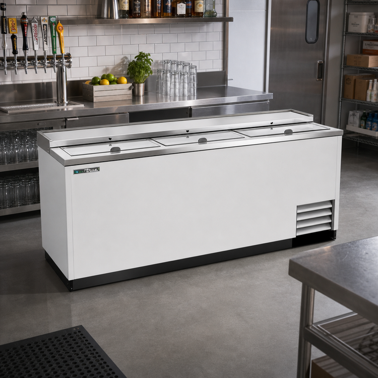 Product image #2 for True 95-Inch Deep-Well Flat-Top Horizontal Bottle Cooler with 3 Lids, 37.5-Case Bottle / 55-Case Can Capacity