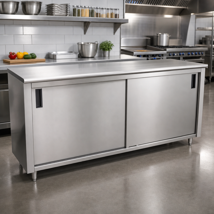 Product image #2 for Advance Tabco Enclosed Work Table with Sliding Doors, 120 Inch W x 24 Inch D, 14 Gauge 304 Stainless Steel Top