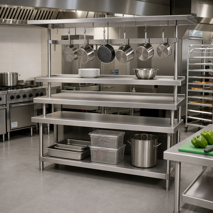 Product image #2 for Advance Tabco Adjustable Table-Mounted Stainless Steel Utensil Rack, 84 Inches Long, with 9 Plated Pot Hooks