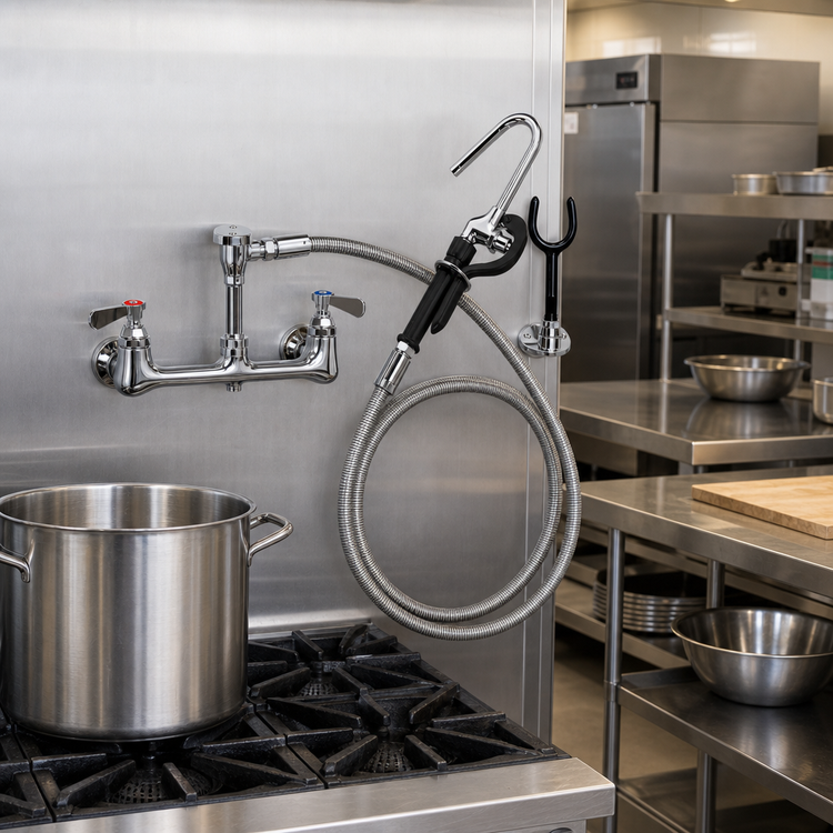 Product image #2 for BK Resources OptiFlow 8 Inch O.C. Wall Mount Pot Filler with 72 Inch Stainless Steel Braided Hose