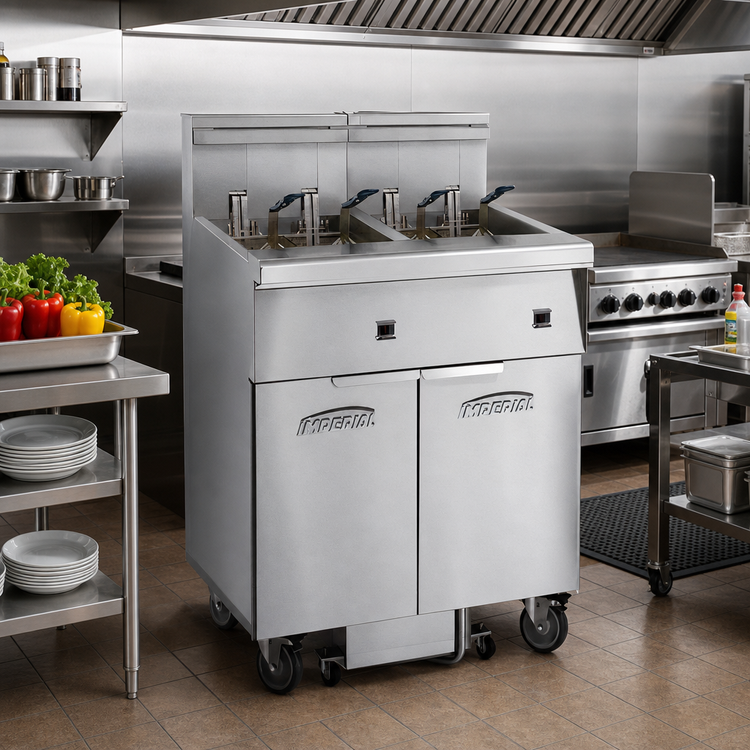 Product image #2 for Imperial Electric Floor Model 6-Tank Battery Fryer with Built-In Filter System, 50 lb. Each