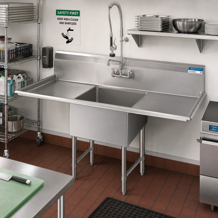 Product image #2 for BK Resources One Compartment Double Drainboard Stainless Steel Sink with 16 x 20 x 14 Bowl, 55-1/4 Inch Wide