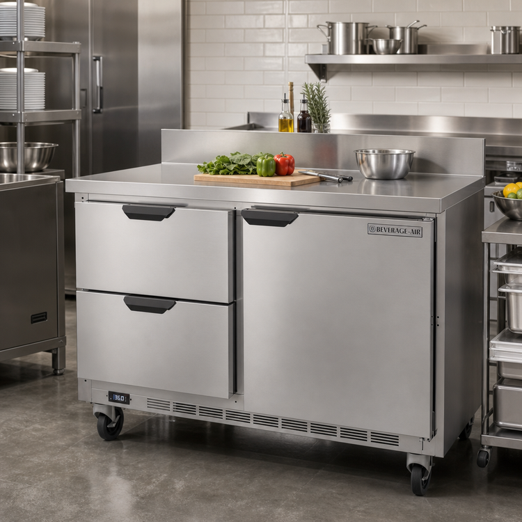 Product image #2 for Beverage-Air WTRD48AHC-2-FIP 48-Inch Two-Section Worktop Refrigerator with 2 Drawers and 1 Door