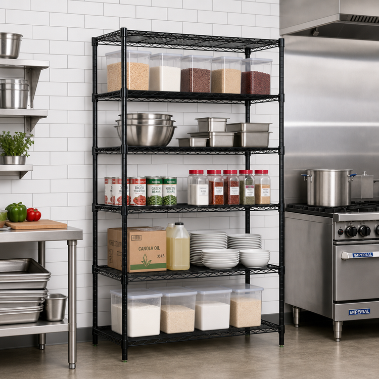 Product image #2 for Quantum 5-Shelf Stationary Wire Shelving Starter Kit, 60"W x 21"D x 54"H, Black Epoxy Antimicrobial