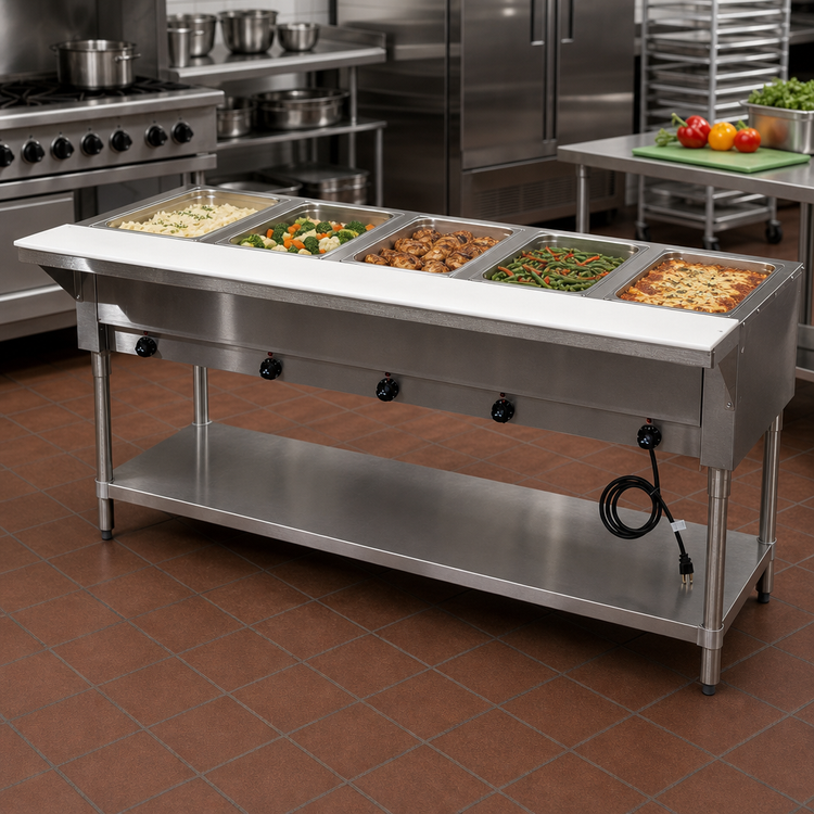 Product image #2 for Advance Tabco Triumph (Supreme) 5-Well Electric Open Well Hot Food Table with Undershelf and Cutting Board, 77-3/4 Inch