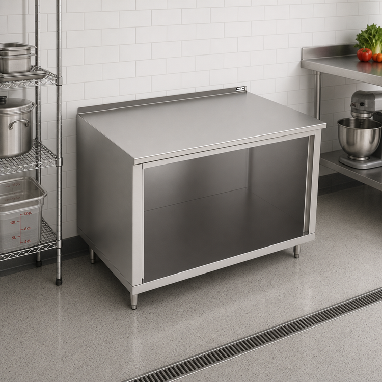 Product image #2 for John Boos Open Front Cabinet Base Work Table, 48"W x 30"D, 14-Gauge 300-Series Stainless Steel Top, 1-1/2" Rear Riser