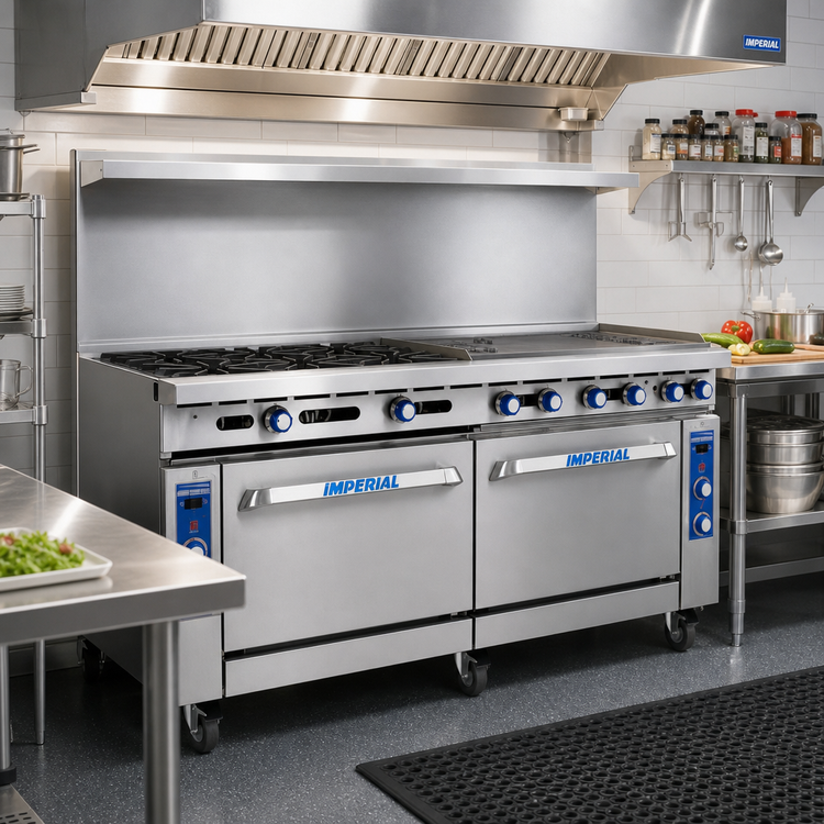 Product image #2 for Imperial Pro Series 72-Inch Gas Restaurant Range with 8 Open Burners, 24-Inch Griddle, and Double Convection Ovens