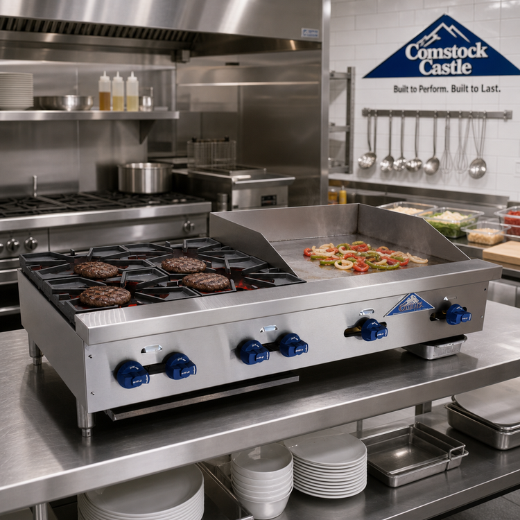 Product image #2 for Comstock-Castle 48-Inch Countertop Gas Char-Broiler/Griddle Combination with 24-Inch Griddle and 24-Inch Lava Broiler