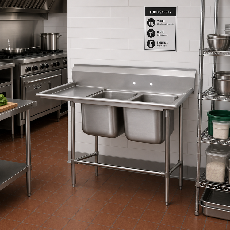 Product image #2 for Advance Tabco Regaline 2-Compartment Sink with Left-Hand 24-Inch Drainboard, 20 x 20 Inch Bowls, 14 Gauge 304 Stainless Steel