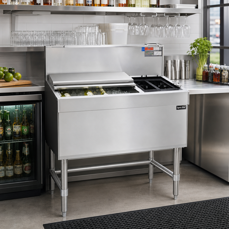 Product image #2 for Spec-Bar Underbar Combo Ice Bin/Bottle Unit with Left Bottle Compartment, 36 x 24 Inches, 85 lb. Ice Capacity