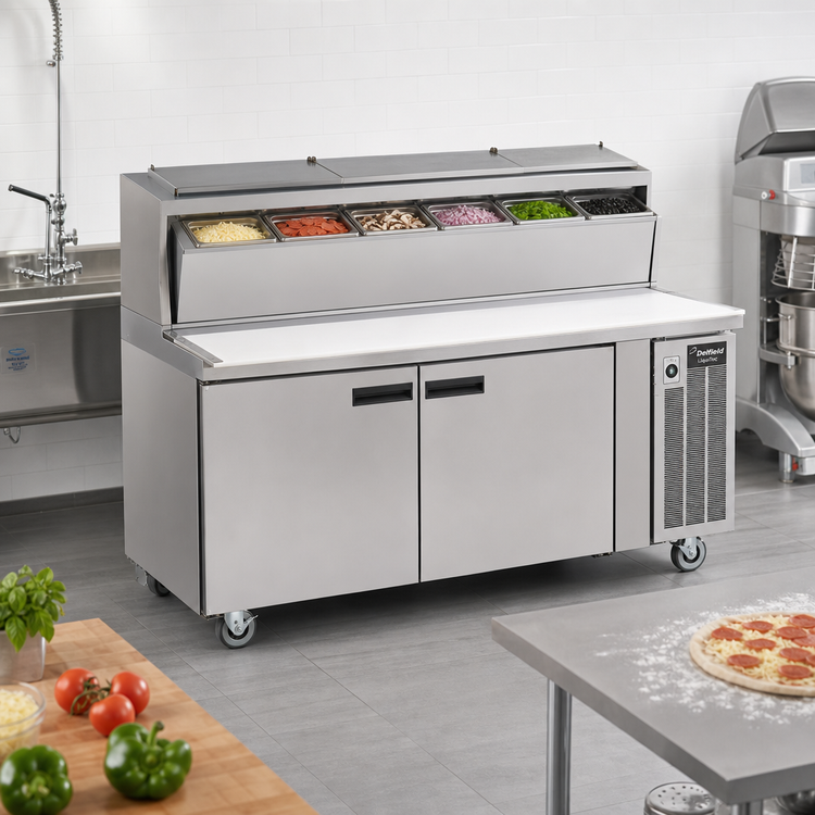 Product image #3 for Delfield LiquiTec 72-Inch Two-Section Refrigerated Pizza Prep Table with Dual Raised Rails and 6-Pan Capacity