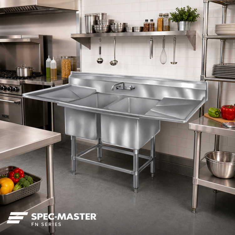 Product image #2 for Spec-Master FN Series 55-1/2 Inch Wide Coved-Corner Two-Compartment Sink with 18-Inch Right Drainboard