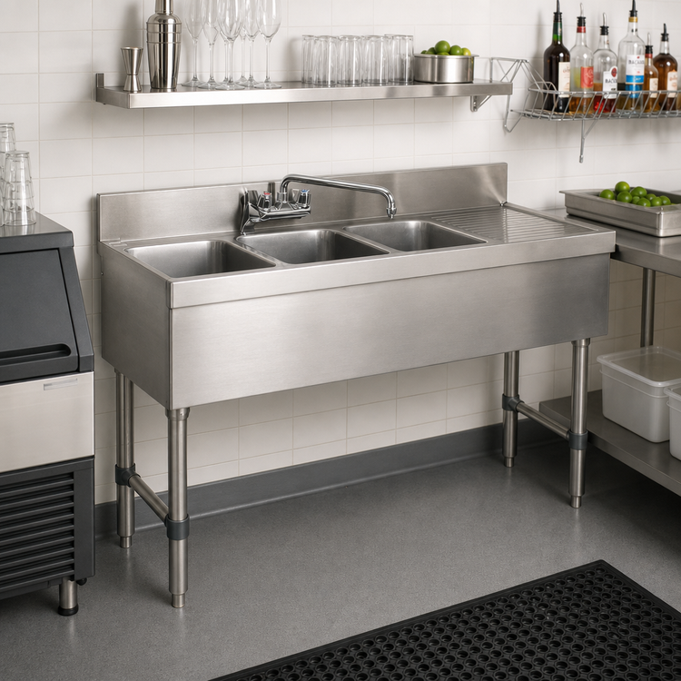 Product image #2 for Advance Tabco Special Value Series 3-Compartment Stainless Steel Underbar Sink Unit with Right-Hand Drainboard and Splash-Mount Faucet, 48-Inch Wide