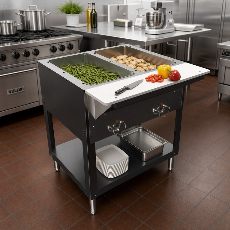 Product image #3 for BK Resources 2-Pan Electric Open Well Steam Table with Open Shelf Base and Cutting Board, 120V