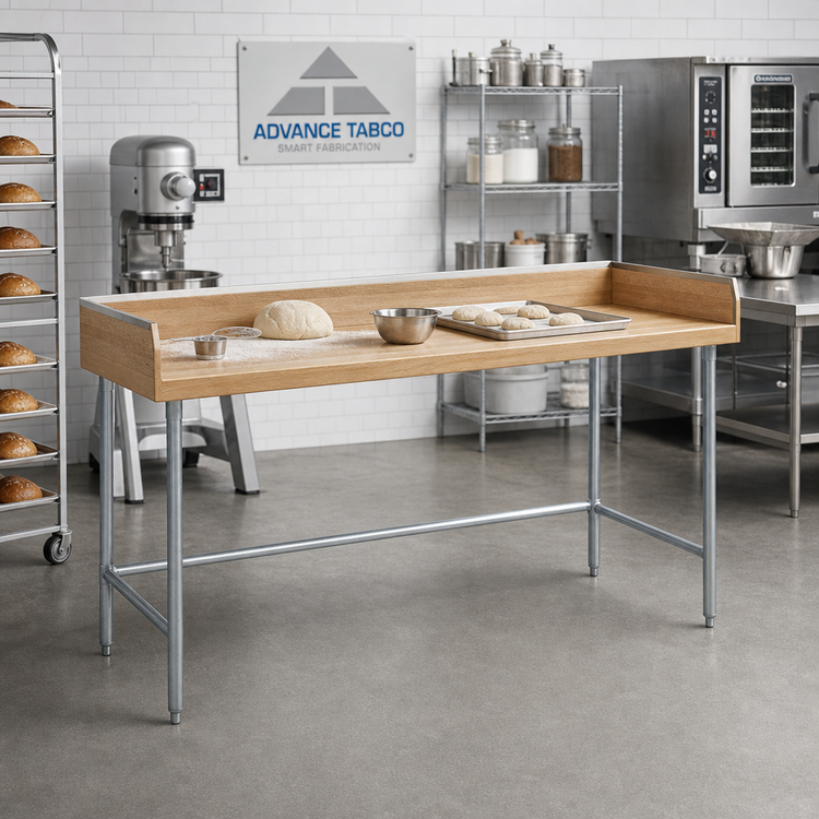 Product image #2 for Advance Tabco Bakers' Top Wood Work Table with Galvanized Base and 4-Inch Rear and Side Splashes, 96 x 30 Inches
